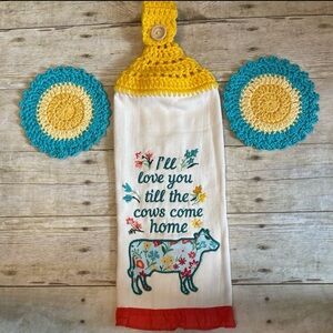 3 Piece Bundle Pioneer Woman Cow Hanging Towel & Coasters/Small Doilies